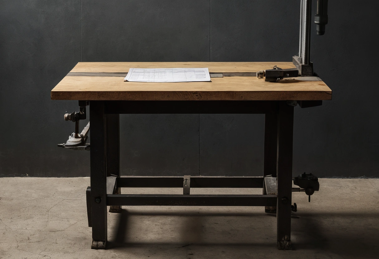 photorealistic photograph of an inspection bench with calipers, a try square and a checklist without readable